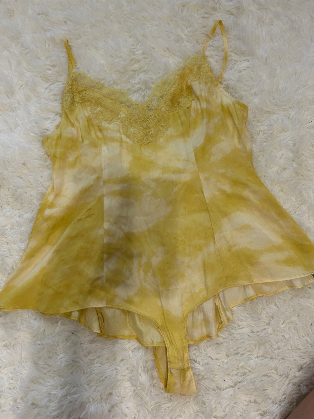 Free People Yellow Tie-Dye Lace-Trim Romper Bodysuit
